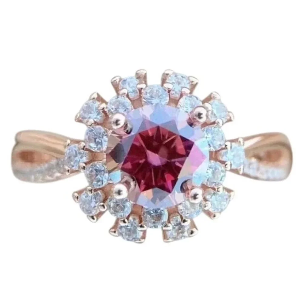 Round Cut Moissanite Halo Rose Gold Engagement Statement Anniversary Ring